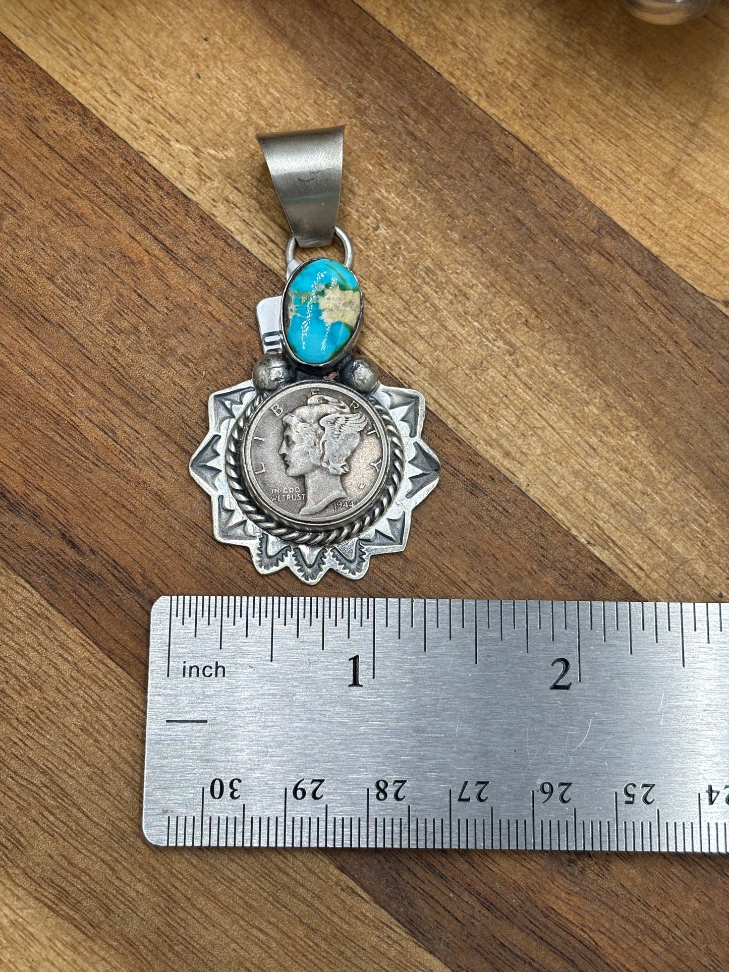 Sonoran Gold Liberty 1944 Dime Pendant by H Joe, Navajo