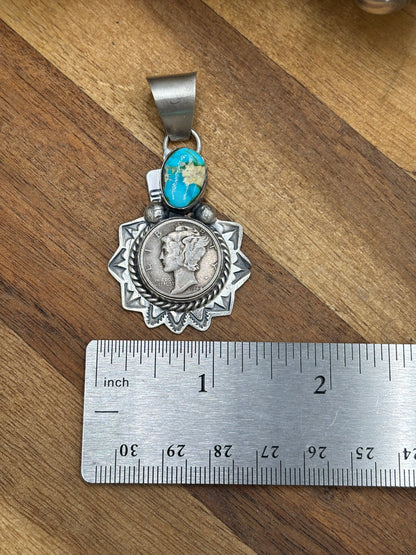Sonoran Gold Liberty 1944 Dime Pendant by H Joe, Navajo
