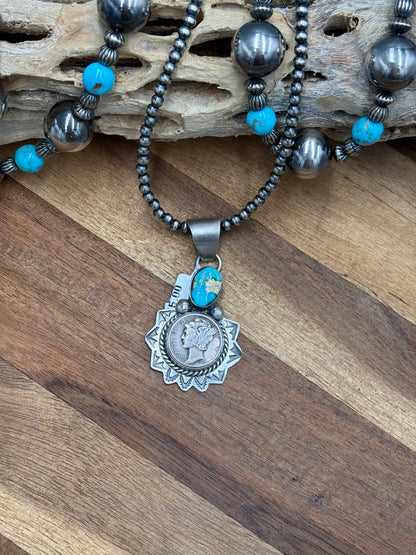 Sonoran Gold Liberty 1944 Dime Pendant by H Joe, Navajo