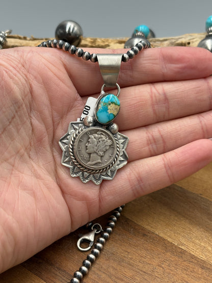 Sonoran Gold Liberty 1944 Dime Pendant by H Joe, Navajo