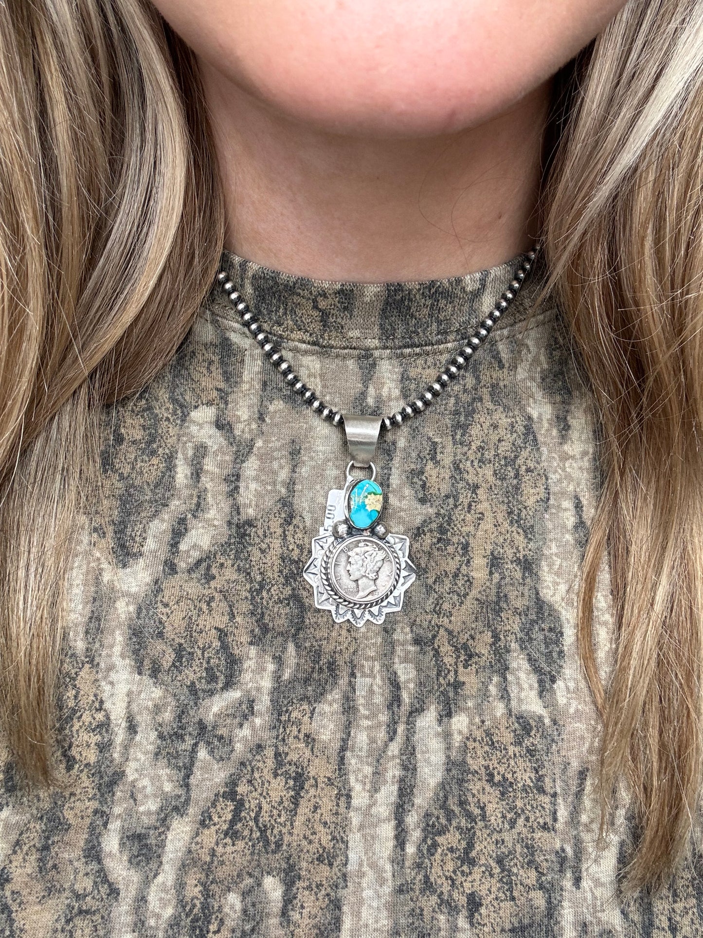 Sonoran Gold Liberty 1944 Dime Pendant by H Joe, Navajo