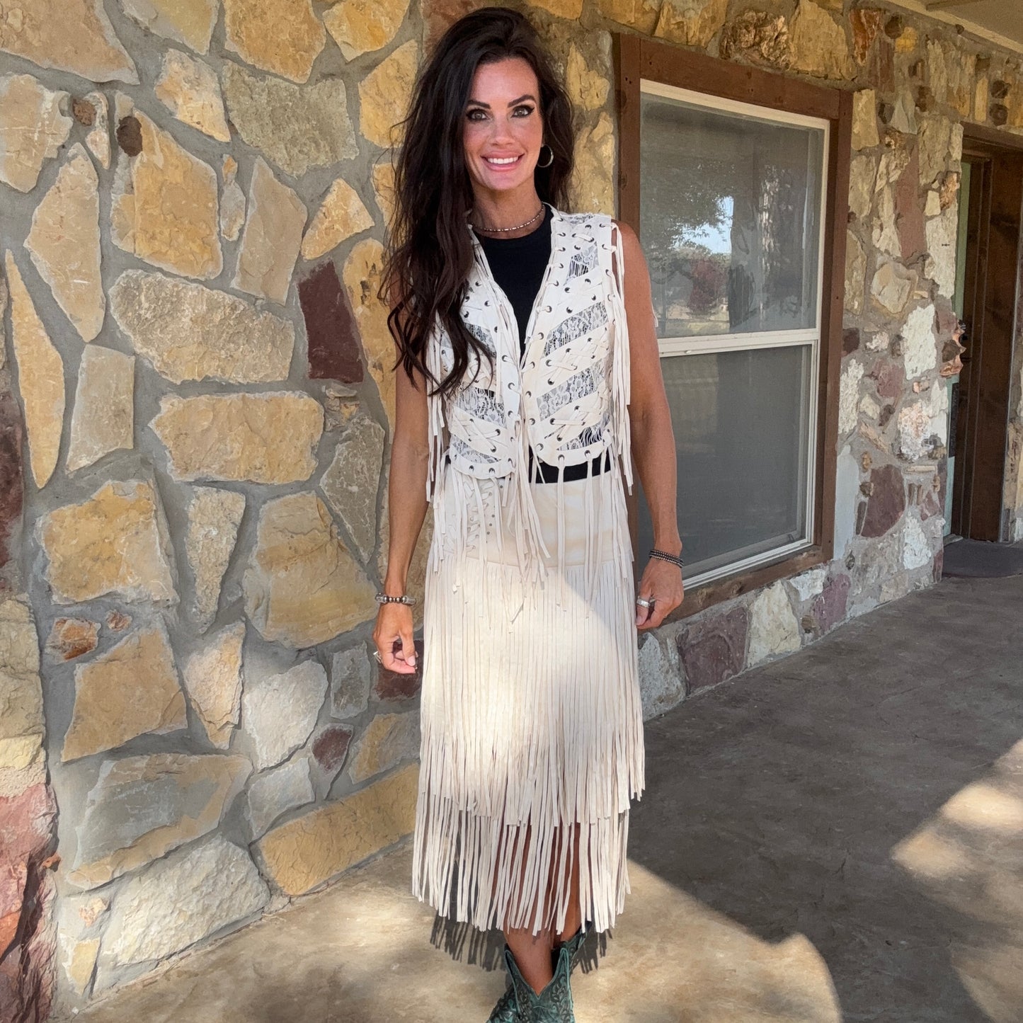 Ivory Trails Fringe Midi Skirt