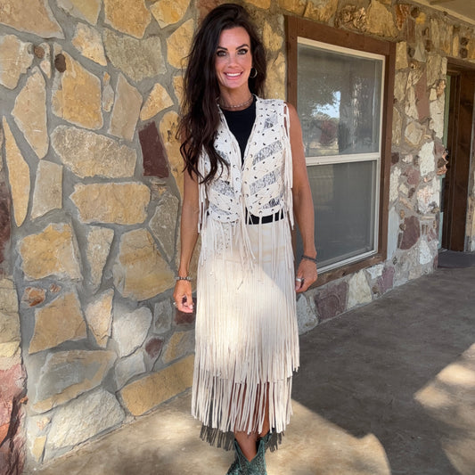 Ivory Trails Fringe Midi Skirt