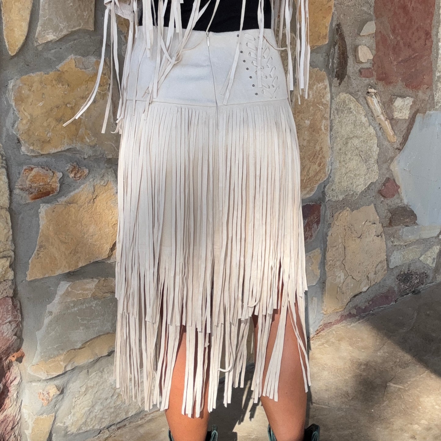 Ivory Trails Fringe Midi Skirt