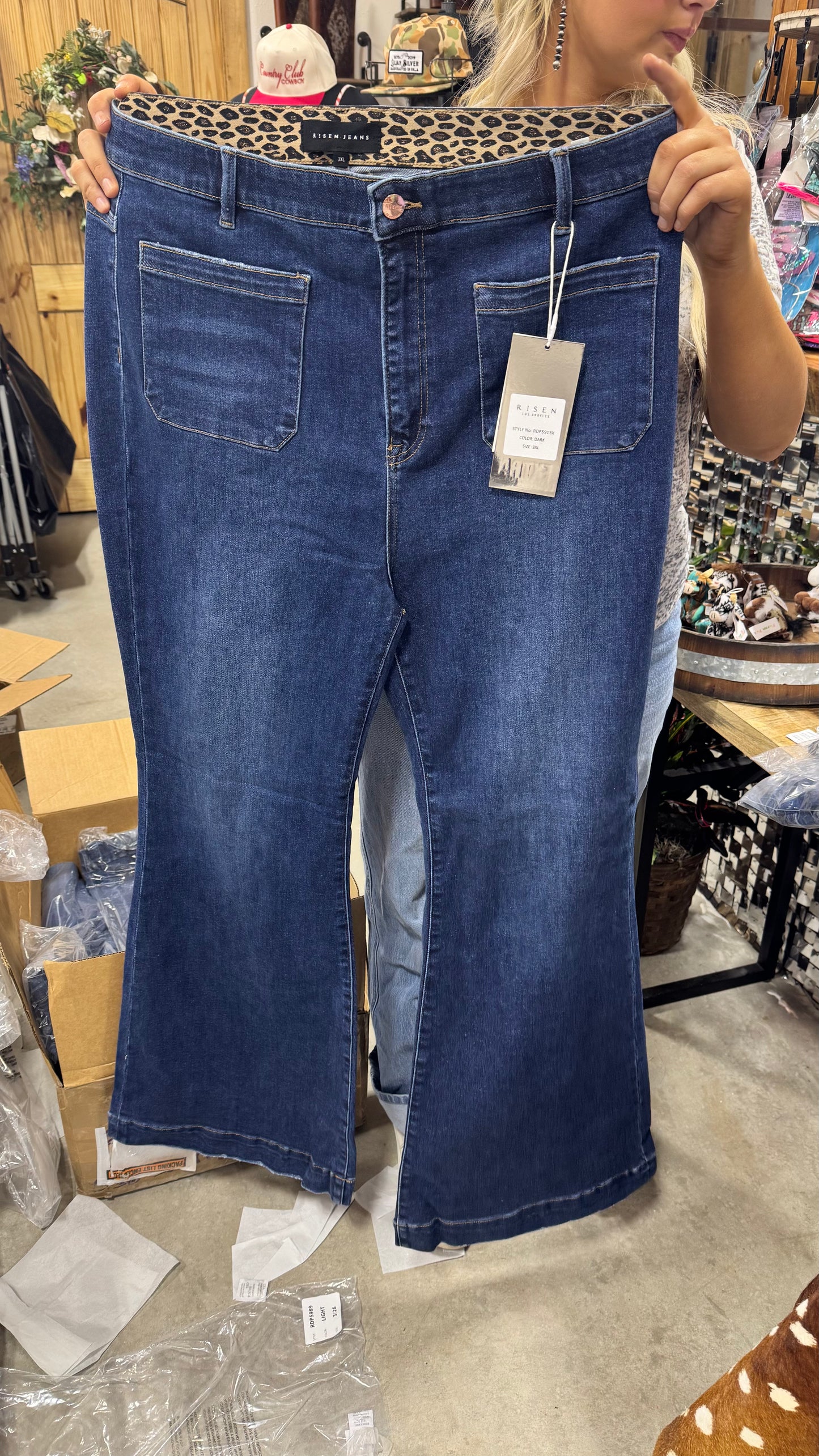 The Presley Plus Size Dark Wash High Rise Flare Front Patch Pocket Jeans