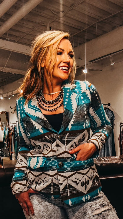 The Tillie Aztec Design Turquoise Blazer (Regular & Plus Size)