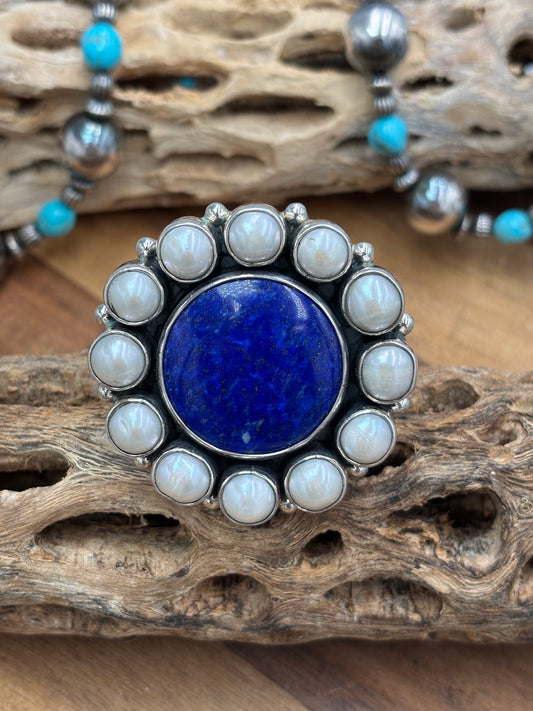 Lapis & Pearl Adjustable Ring #7754 by Federico Jimenez