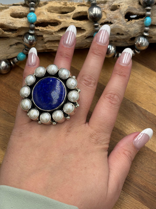 Lapis & Pearl Adjustable Ring #7754 by Federico Jimenez
