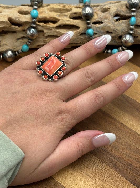 Red Spiny Adjustable Ring #10 by Federico Jimenez