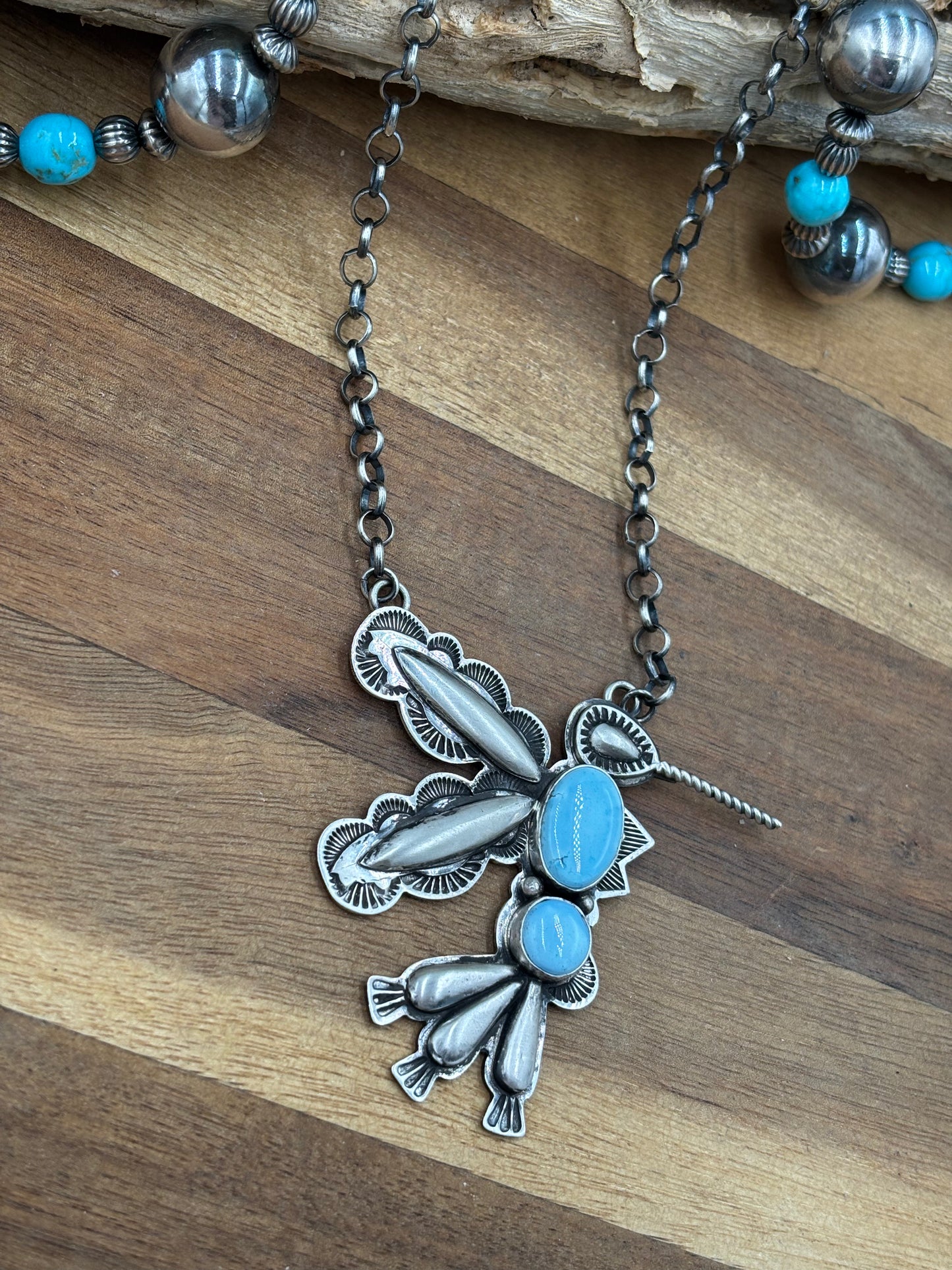 Golden Hills Turquoise #1 Hummingbird Necklace by Charles Johnson, Navajo