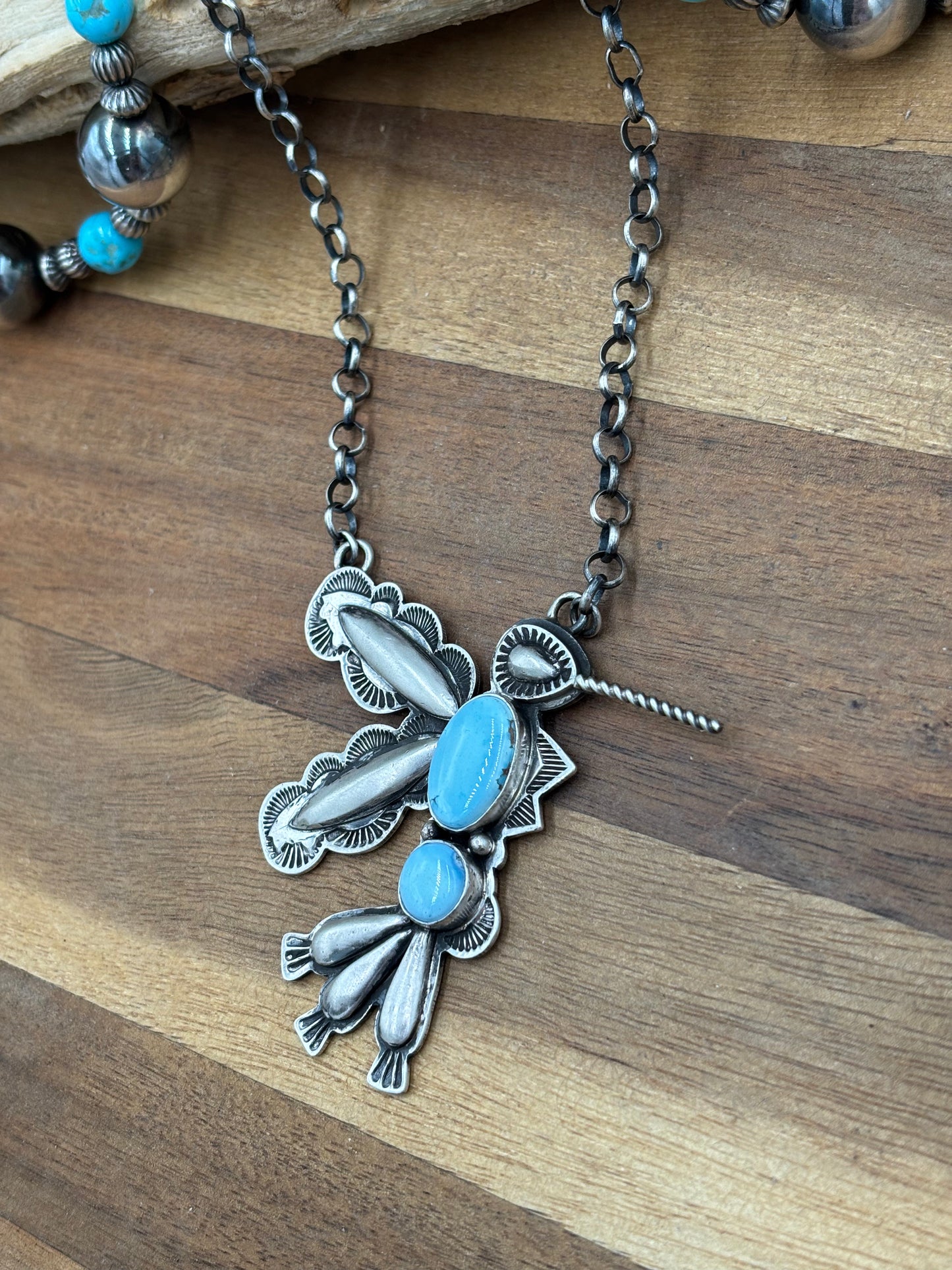 Golden Hills Turquoise #1 Hummingbird Necklace by Charles Johnson, Navajo