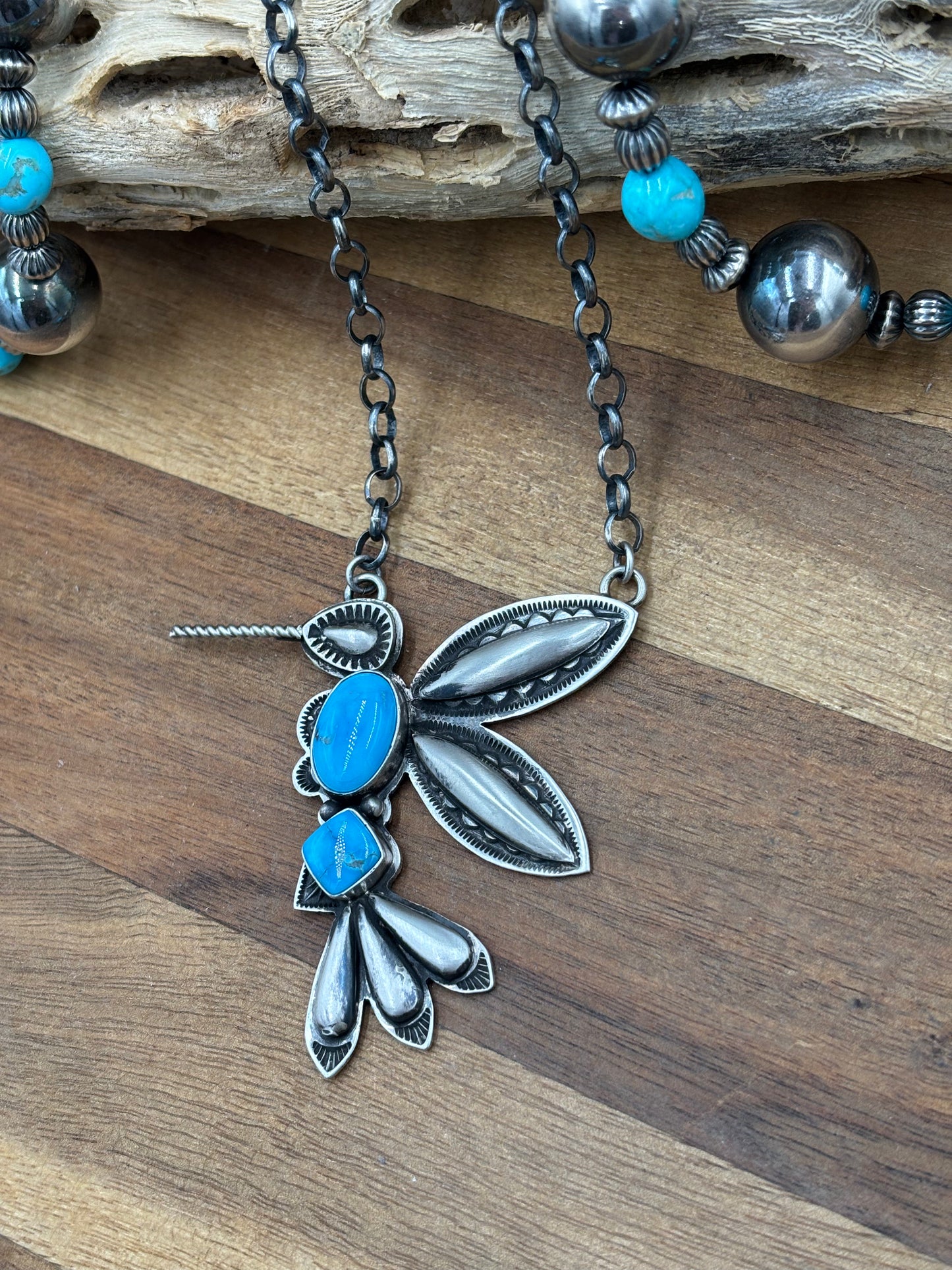 Turquoise #3 Hummingbird Necklace by Charles Johnson, Navajo