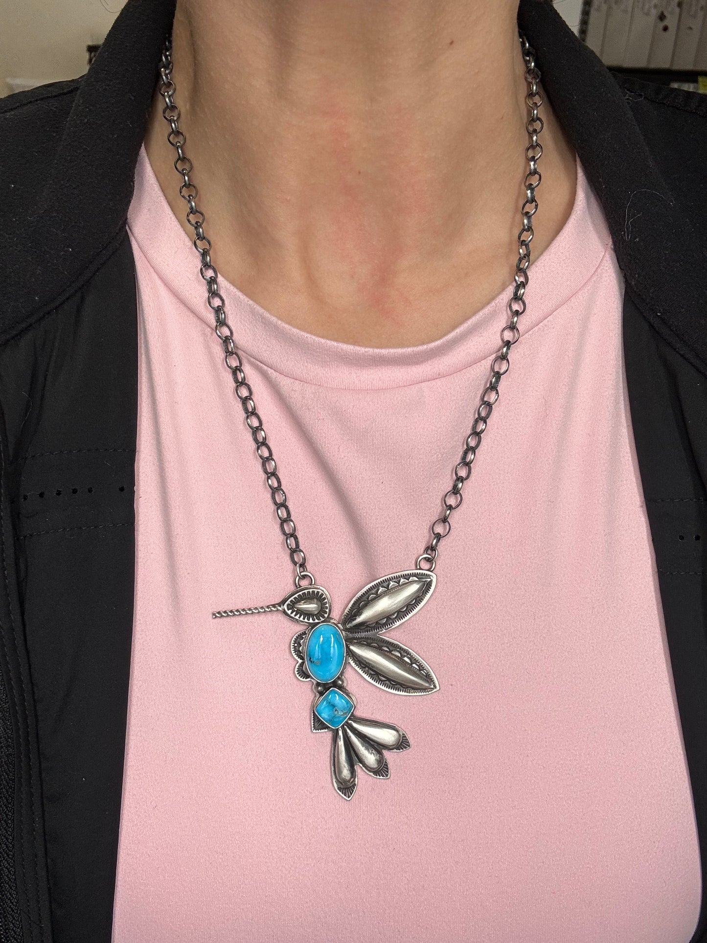 Turquoise #3 Hummingbird Necklace by Charles Johnson, Navajo