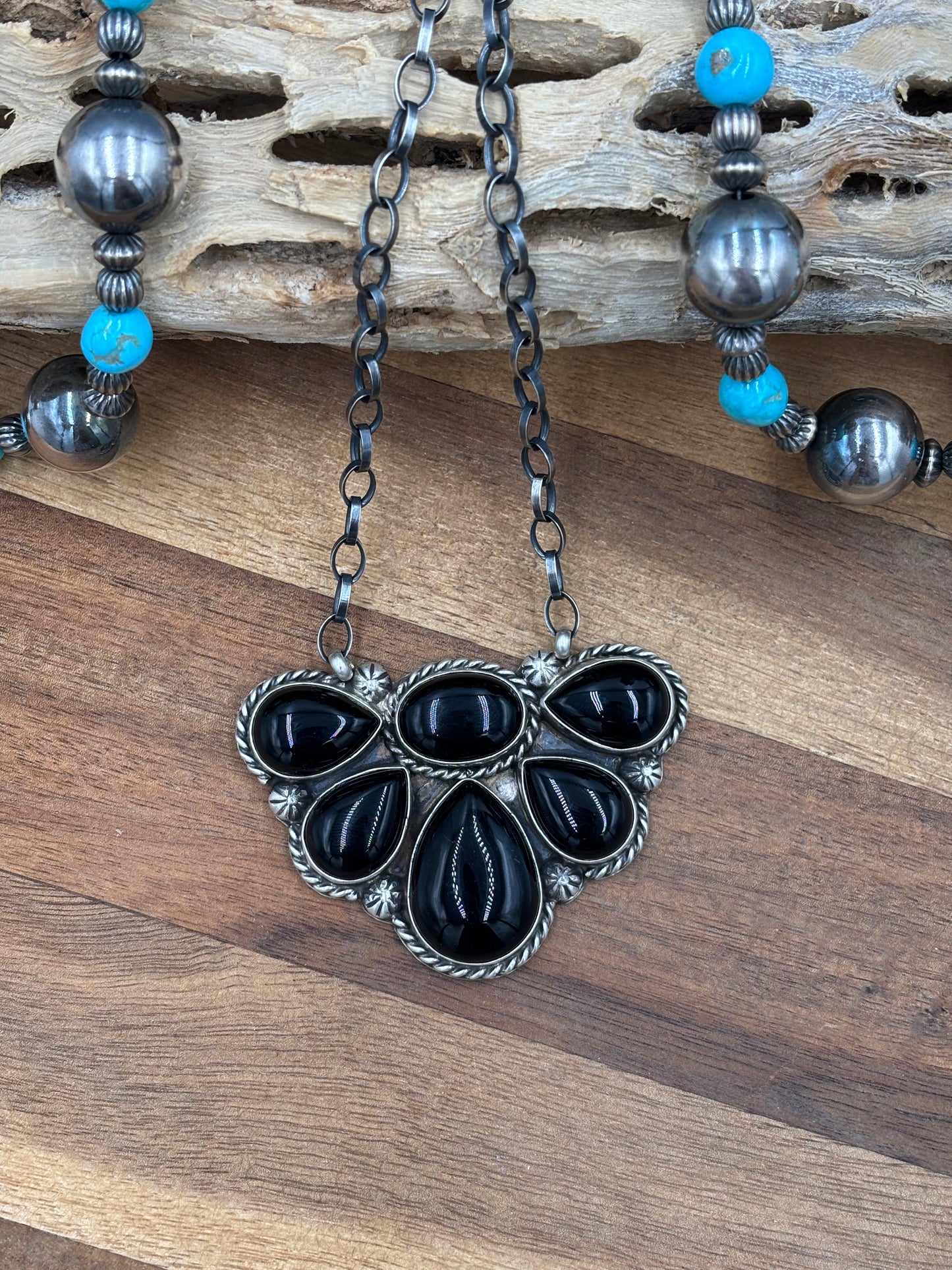Black Onyx Half Cluster Necklace #1 by Augustine Largo, Navajo