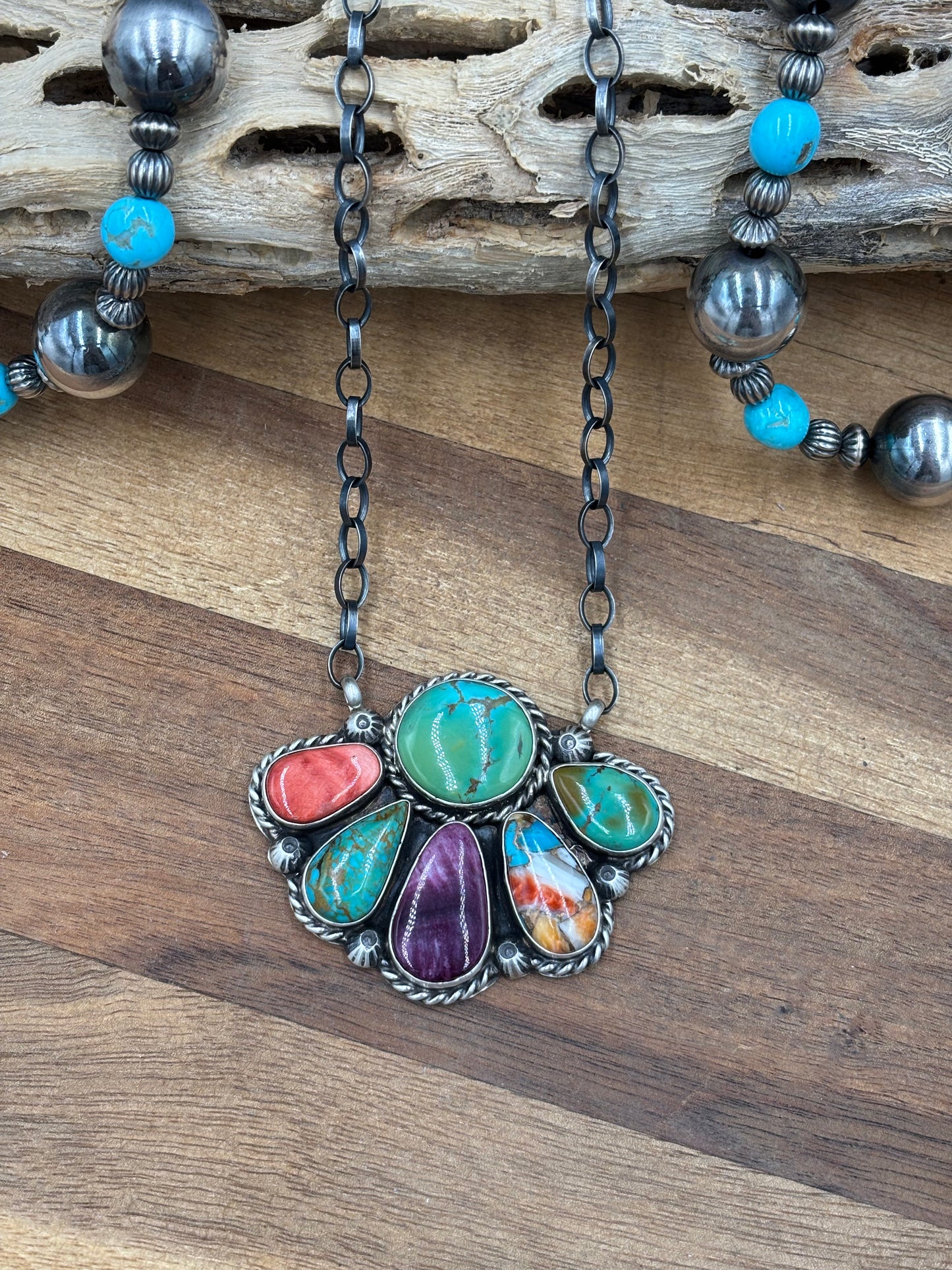 Mixed Stone Half Cluster Necklace #3 by Augustine Largo, Navajo