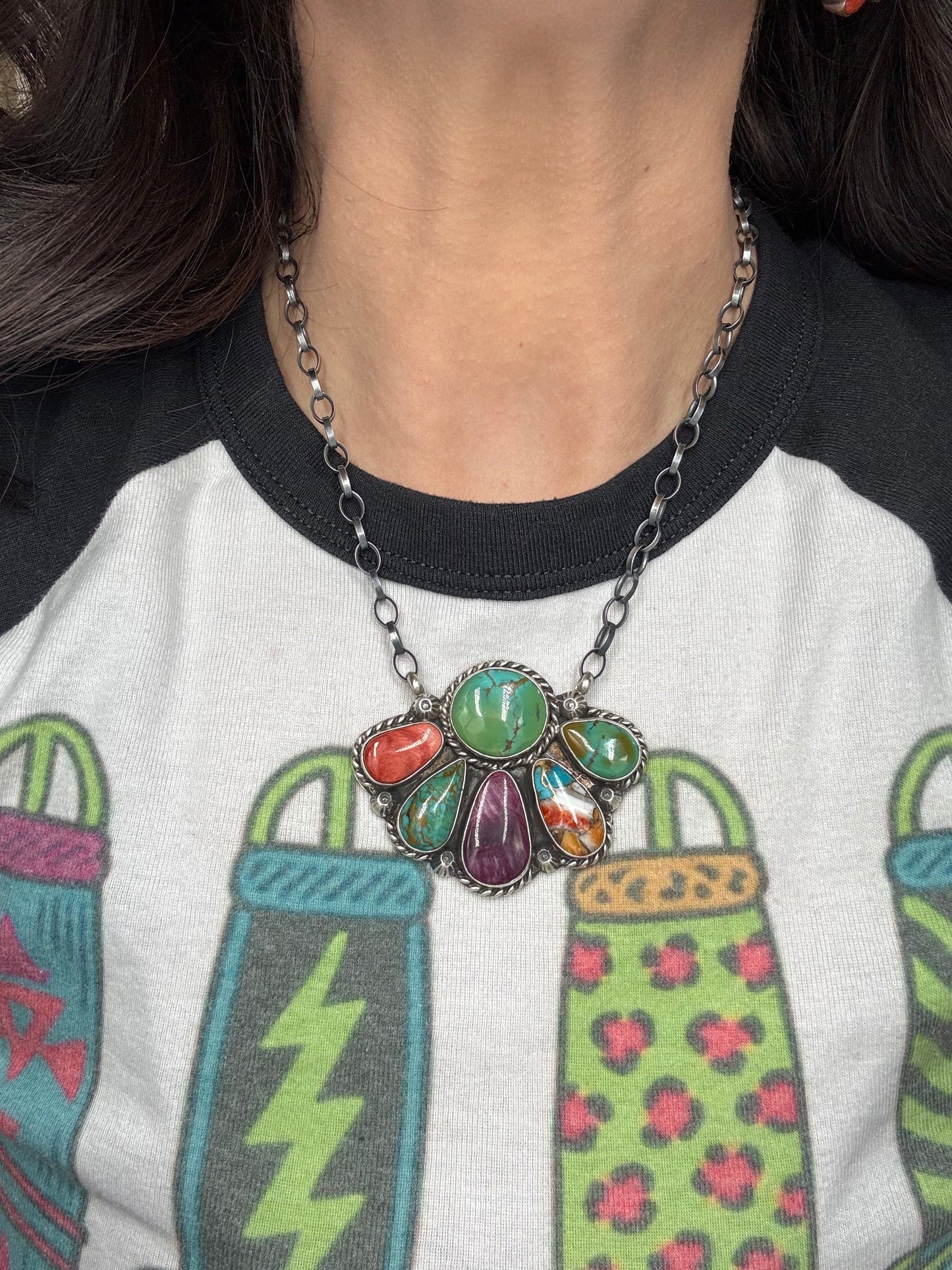 Mixed Stone Half Cluster Necklace #3 by Augustine Largo, Navajo