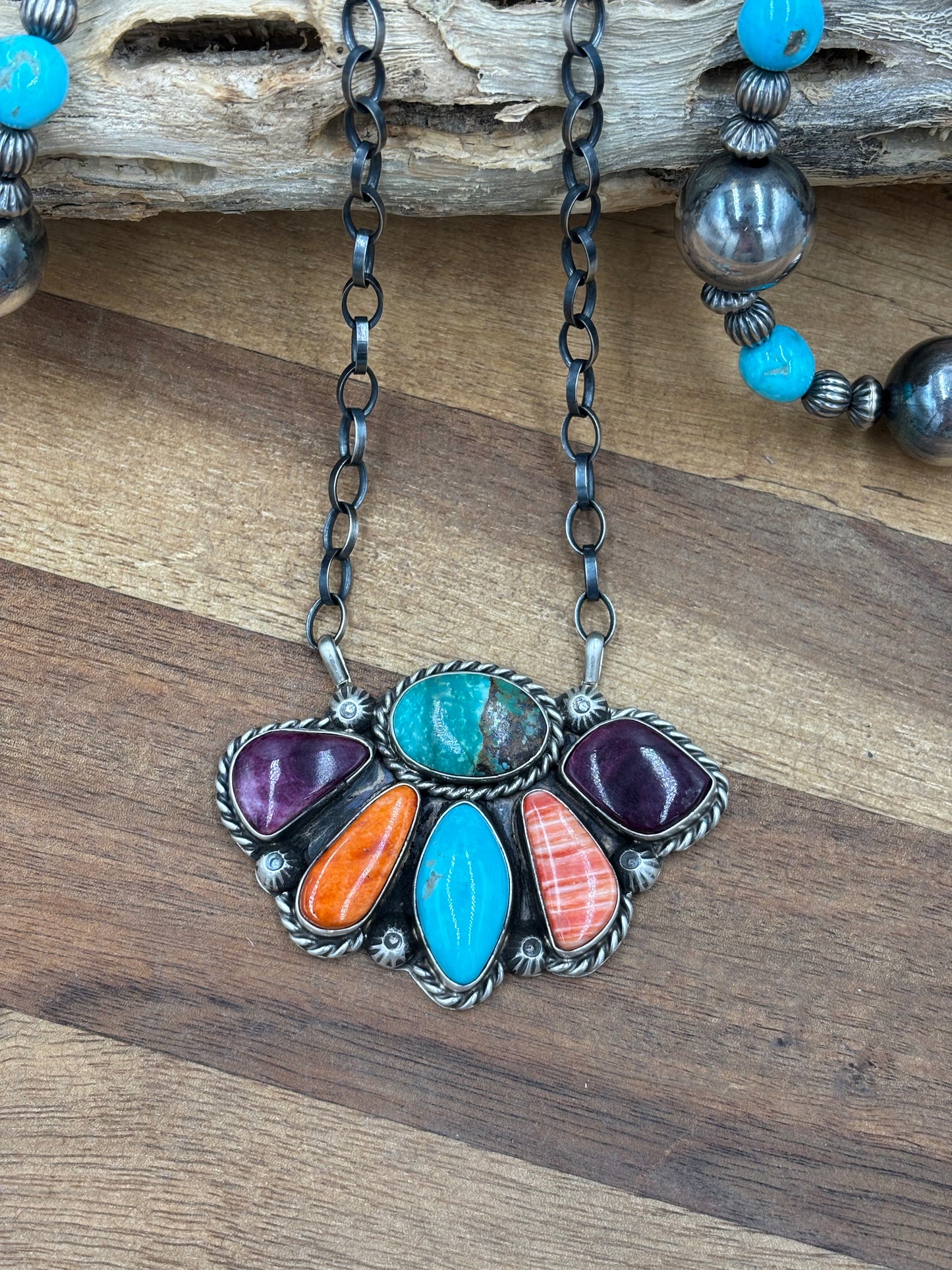 Mixed Stone Half Cluster Necklace #6 by Augustine Largo, Navajo