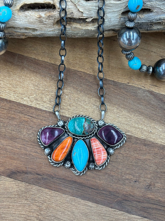 Mixed Stone Half Cluster Necklace #6 by Augustine Largo, Navajo