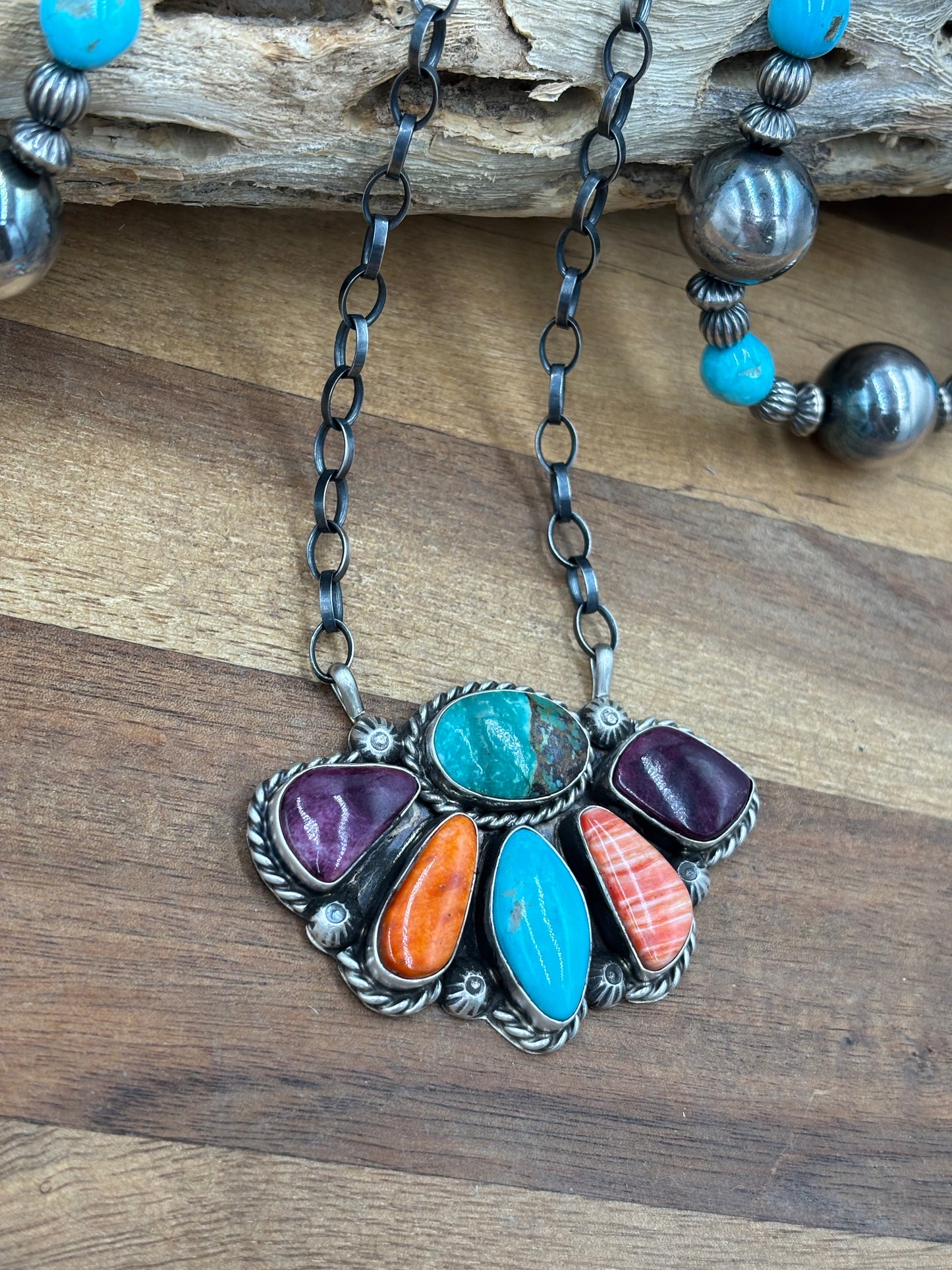 Mixed Stone Half Cluster Necklace #6 by Augustine Largo, Navajo