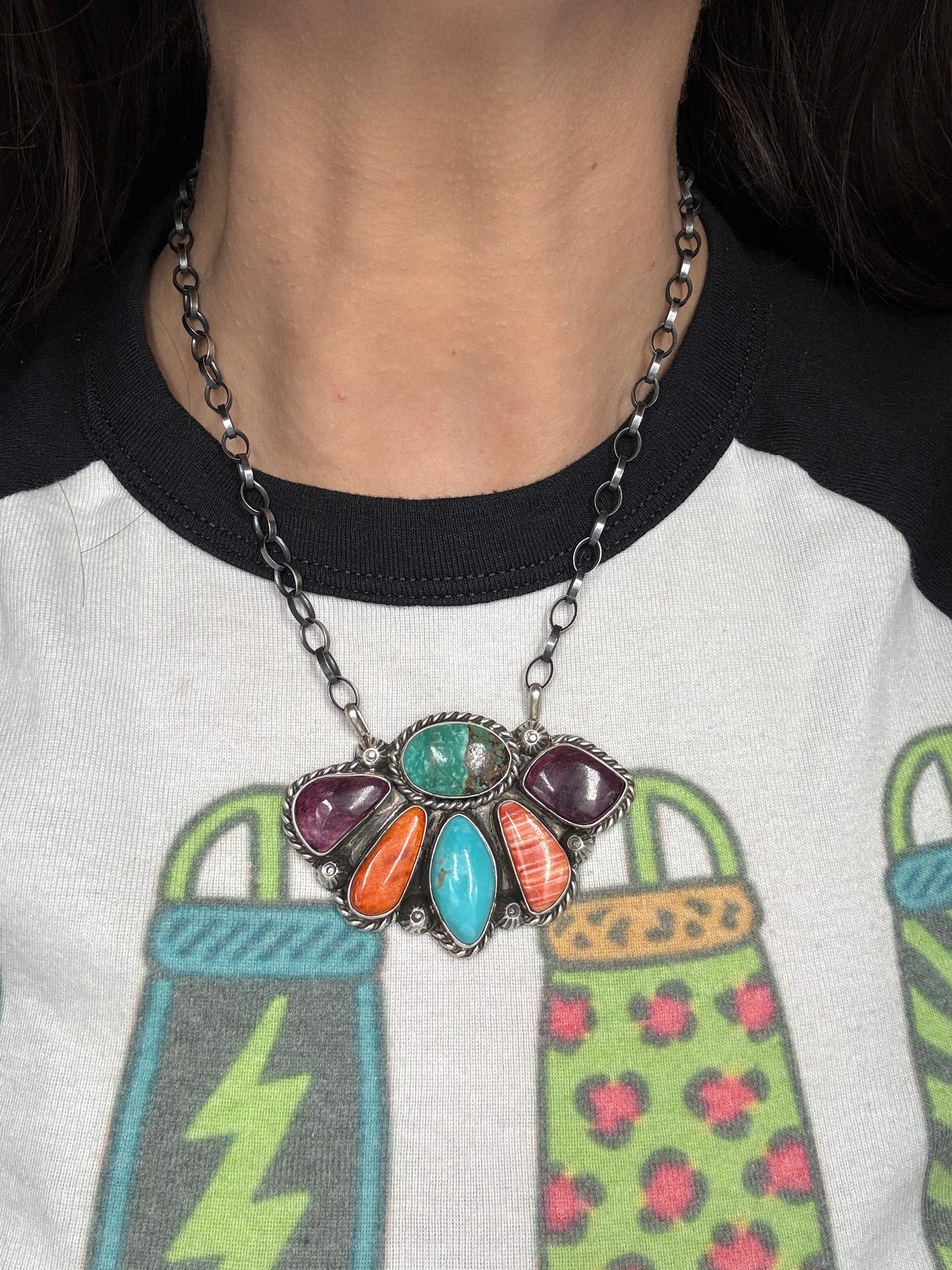 Mixed Stone Half Cluster Necklace #6 by Augustine Largo, Navajo