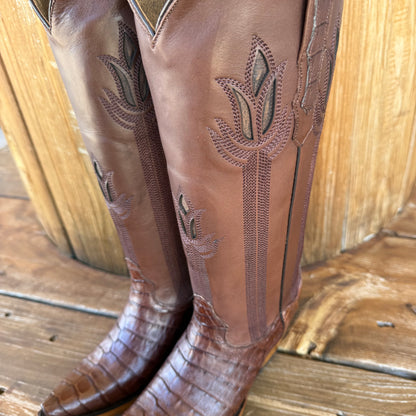 Signature Turquoise Reata Boot - Exotics - The Megan Cafe Caiman Belly Tulip Tops Snip Toe Boots