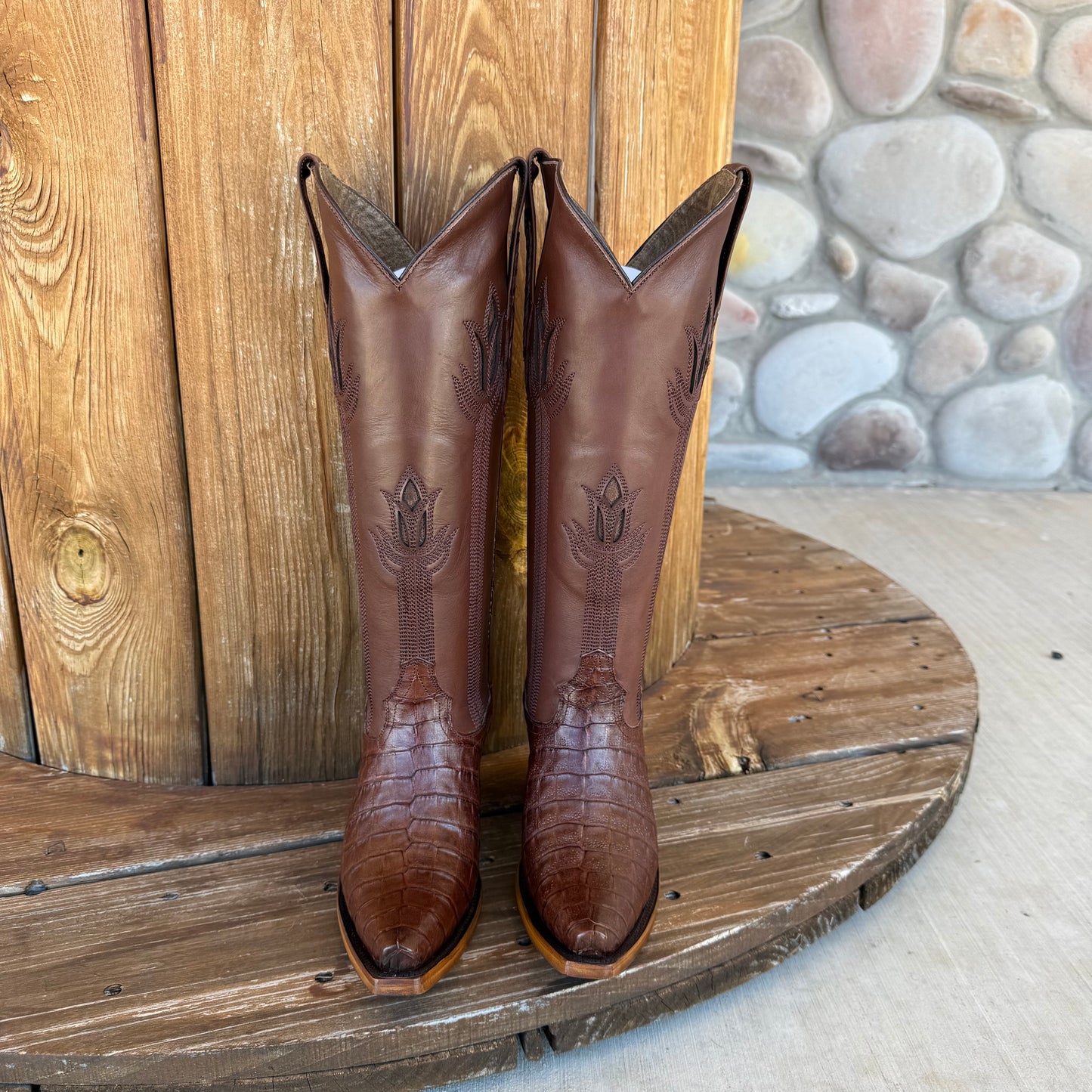 Signature Turquoise Reata Boot - Exotics - The Megan Cafe Caiman Belly Tulip Tops Snip Toe Boots