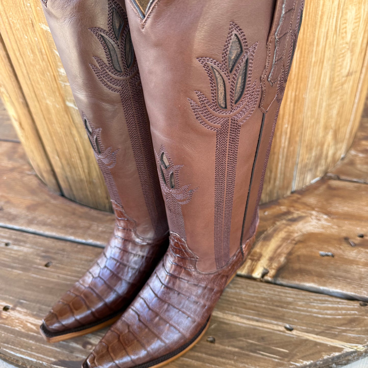 Signature Turquoise Reata Boot - Exotics - The Megan Cafe Caiman Belly Tulip Tops Snip Toe Boots