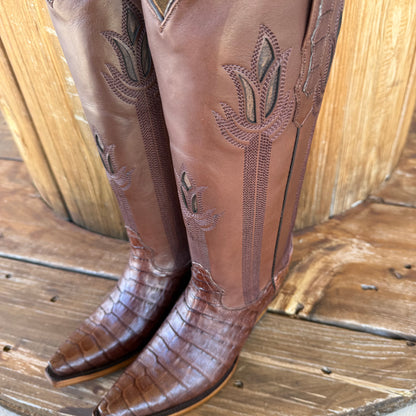 Signature Turquoise Reata Boot - Exotics - The Megan Cafe Caiman Belly Tulip Tops Snip Toe Boots