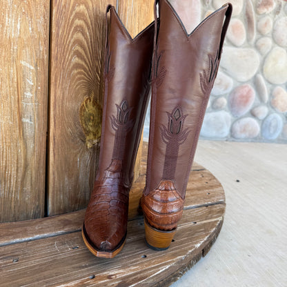 Signature Turquoise Reata Boot - Exotics - The Megan Cafe Caiman Belly Tulip Tops Snip Toe Boots