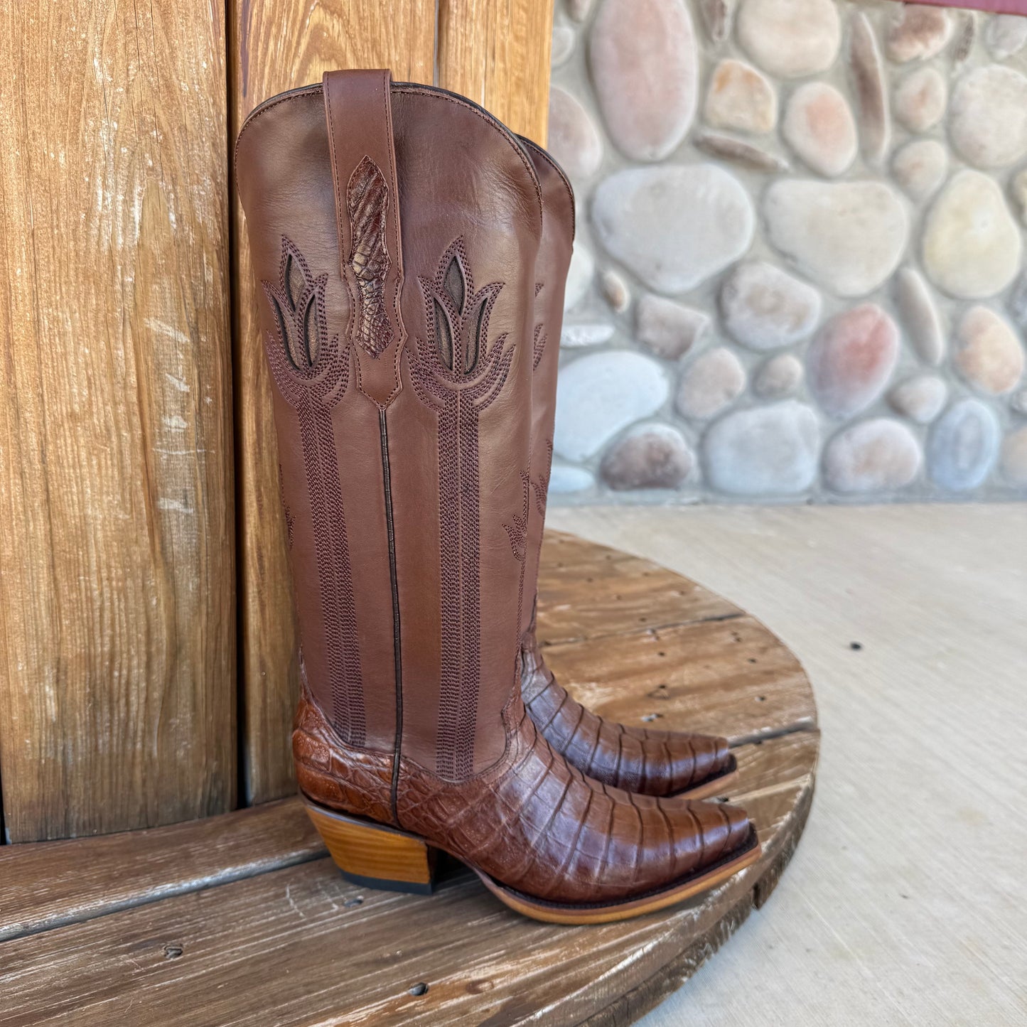Signature Turquoise Reata Boot - Exotics - The Megan Cafe Caiman Belly Tulip Tops Snip Toe Boots