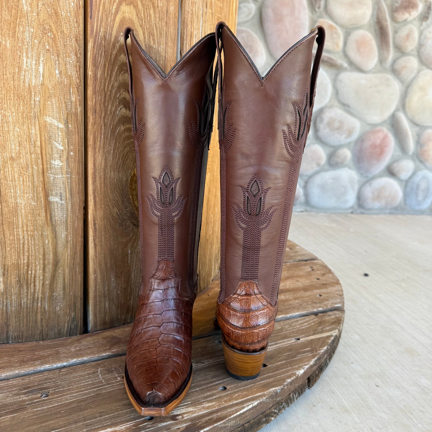 Signature Turquoise Reata Boot - Exotics - The Megan Cafe Caiman Belly Tulip Tops Snip Toe Boots