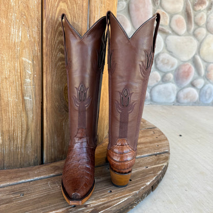 Signature Turquoise Reata Boot - Exotics - The Megan Cafe Caiman Belly Tulip Tops Snip Toe Boots