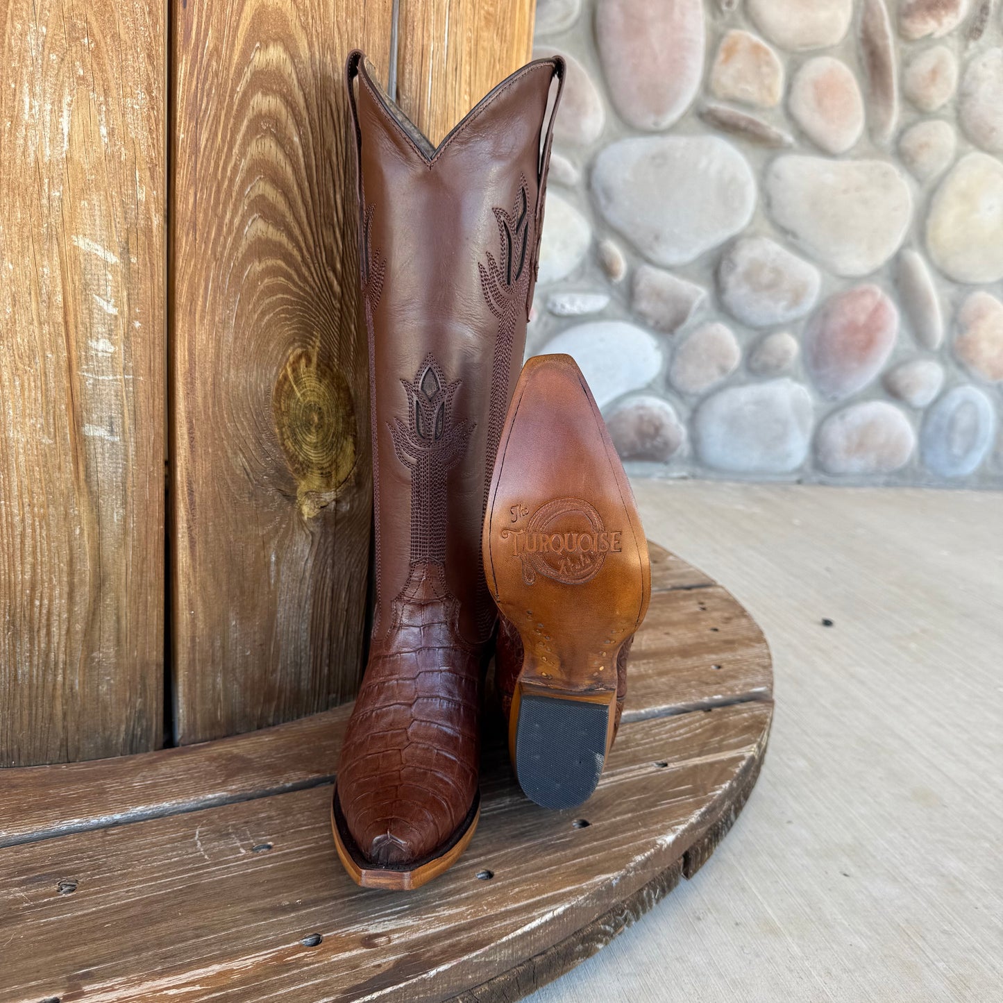 Signature Turquoise Reata Boot - Exotics - The Megan Cafe Caiman Belly Tulip Tops Snip Toe Boots