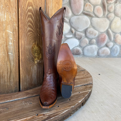 Signature Turquoise Reata Boot - Exotics - The Megan Cafe Caiman Belly Tulip Tops Snip Toe Boots