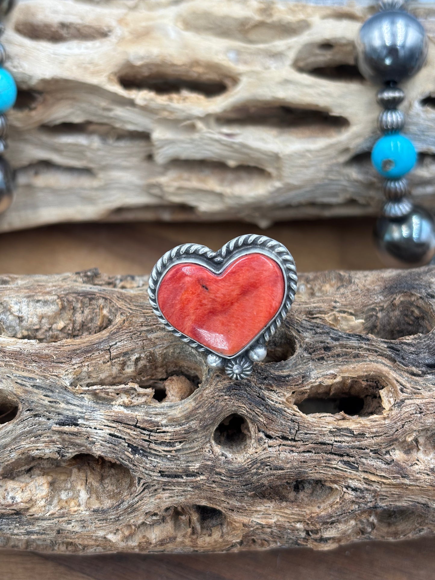 Red Spiny Adjustable Heart Ring by I Kee, Navajo