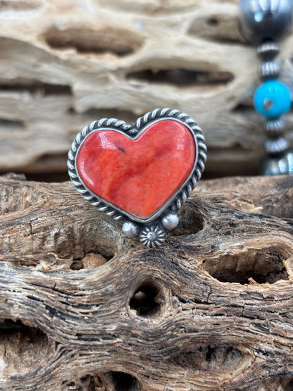 Red Spiny Adjustable Heart Ring by I Kee, Navajo