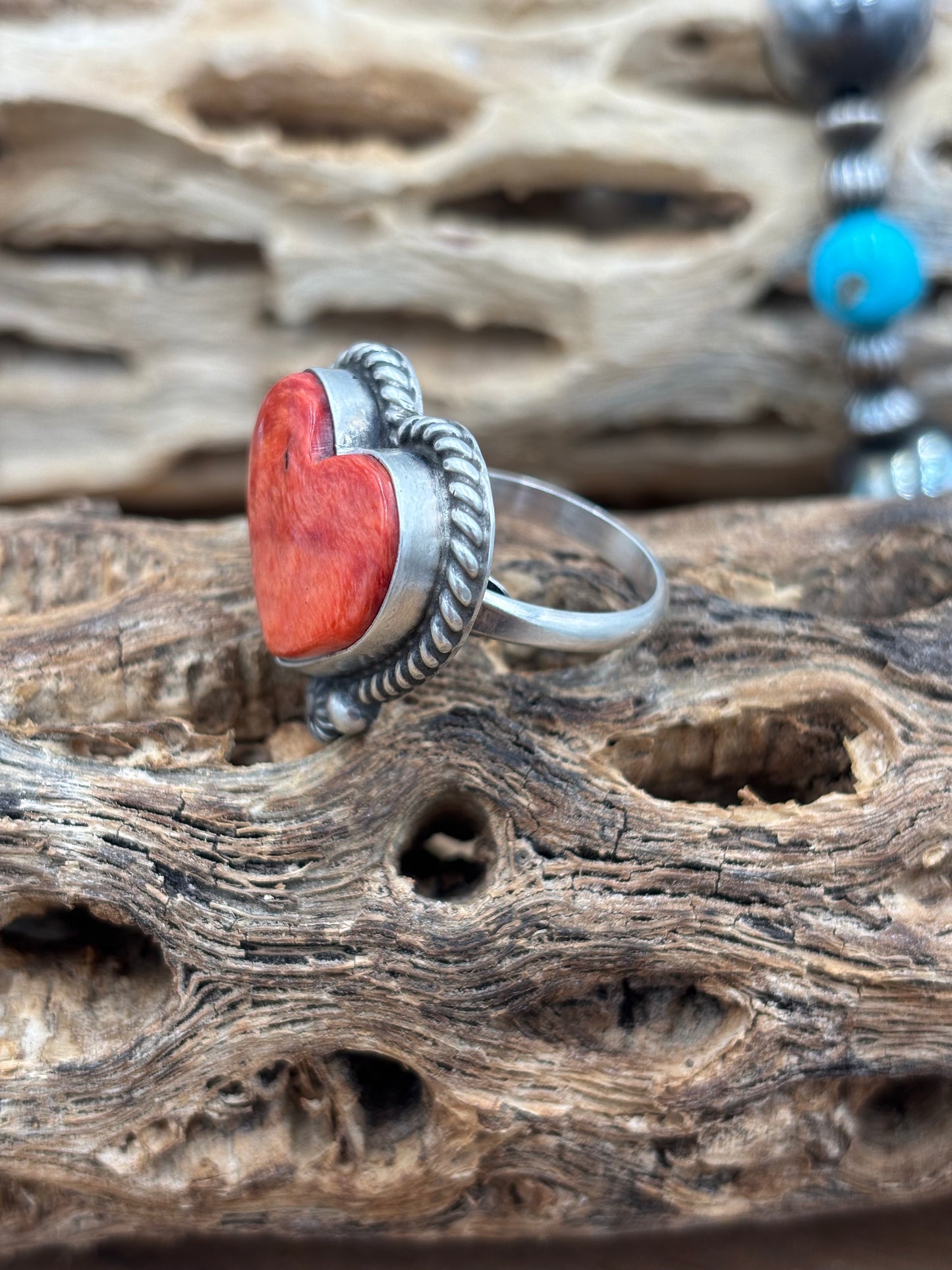 Red Spiny Adjustable Heart Ring by I Kee, Navajo