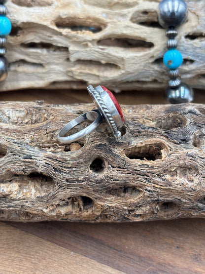Red Spiny Adjustable Heart Ring by I Kee, Navajo