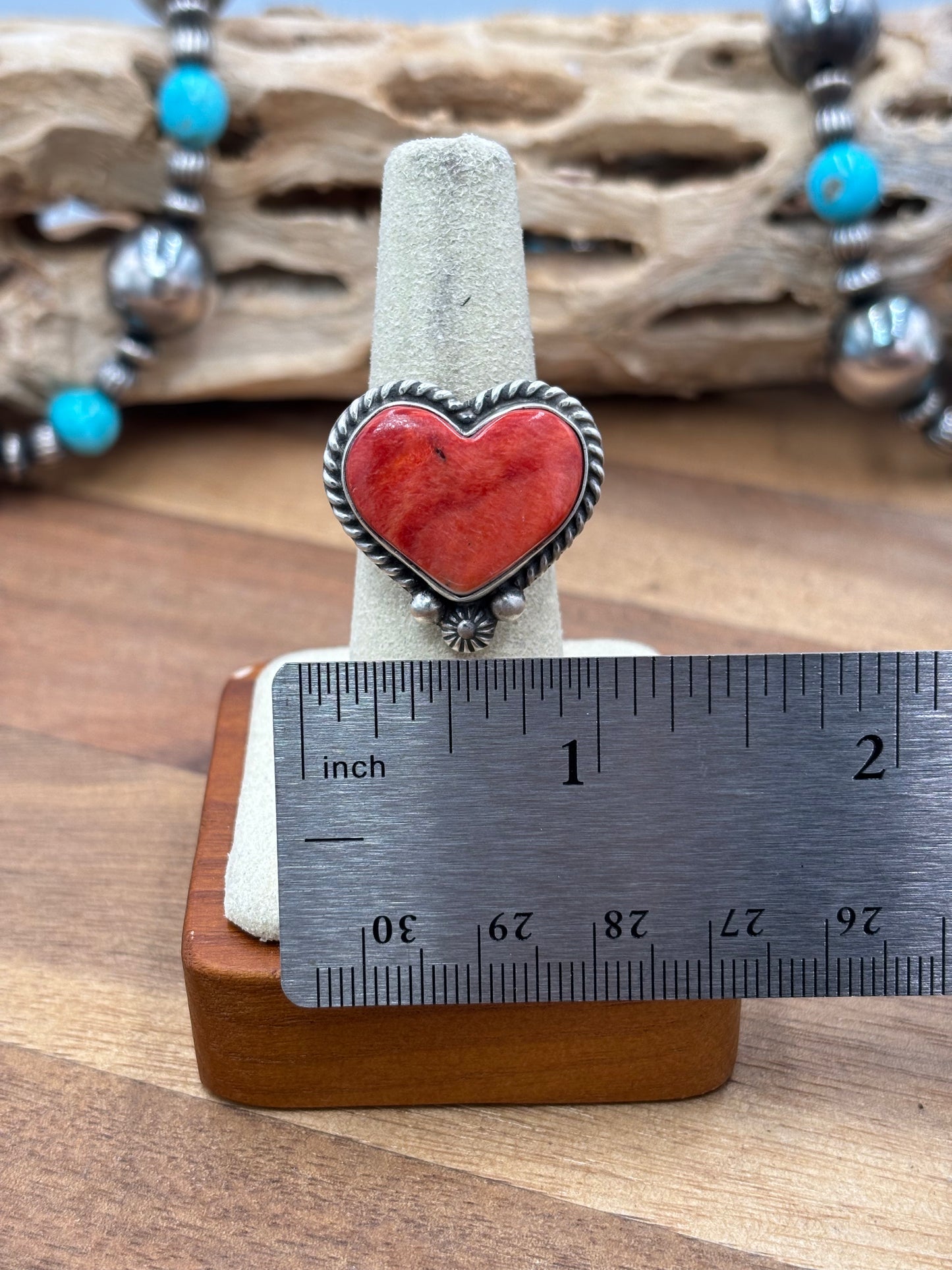 Red Spiny Adjustable Heart Ring by I Kee, Navajo