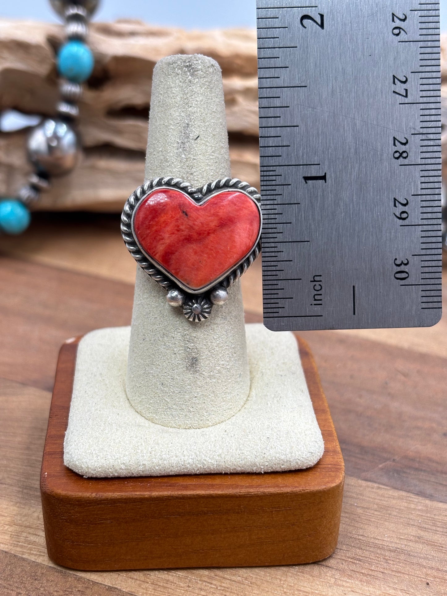 Red Spiny Adjustable Heart Ring by I Kee, Navajo