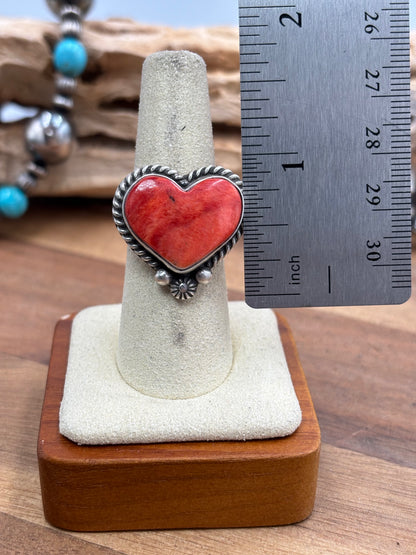 Red Spiny Adjustable Heart Ring by I Kee, Navajo