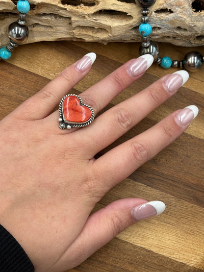 Red Spiny Adjustable Heart Ring by I Kee, Navajo