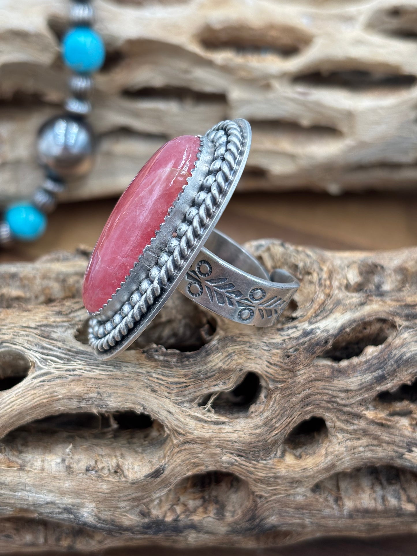 Rhodochrosite Ring #3 Adjustable by Jeff Largo, Navajo