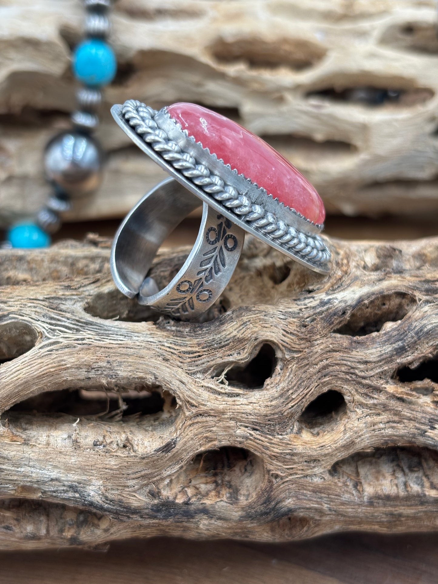 Rhodochrosite Ring #3 Adjustable by Jeff Largo, Navajo