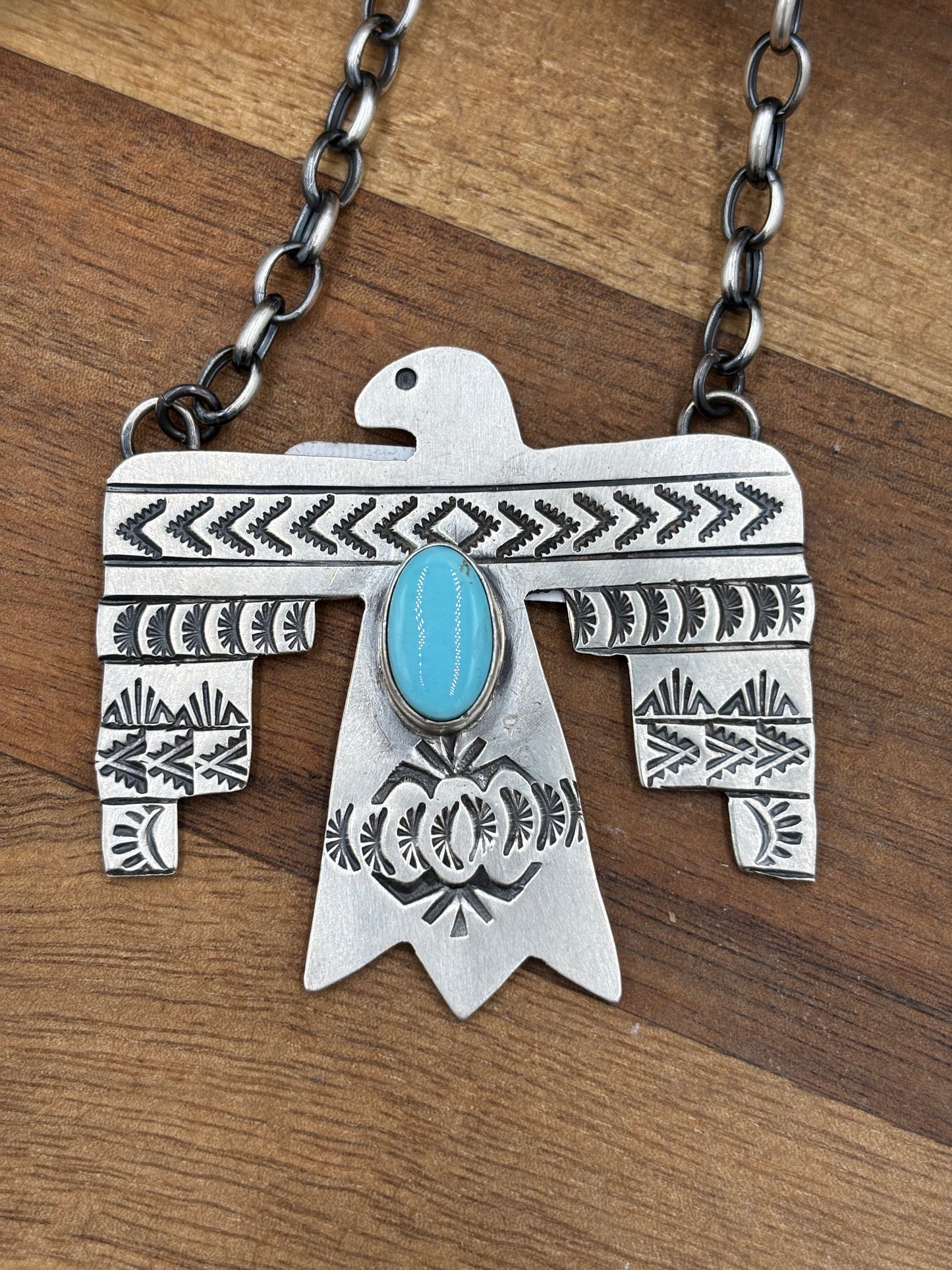 Golden Hills Turquoise Thunderbird Necklace by Rick Enriquez, Navajo