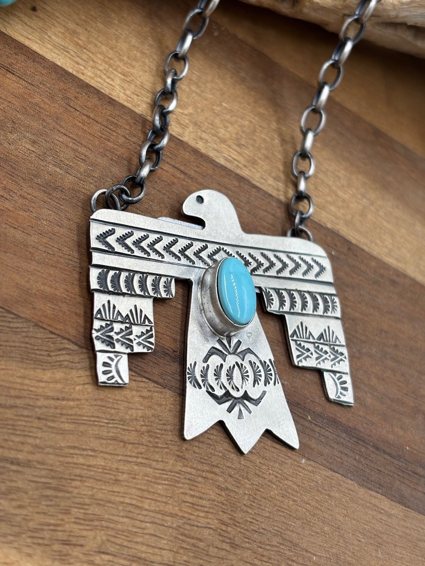 Golden Hills Turquoise Thunderbird Necklace by Rick Enriquez, Navajo