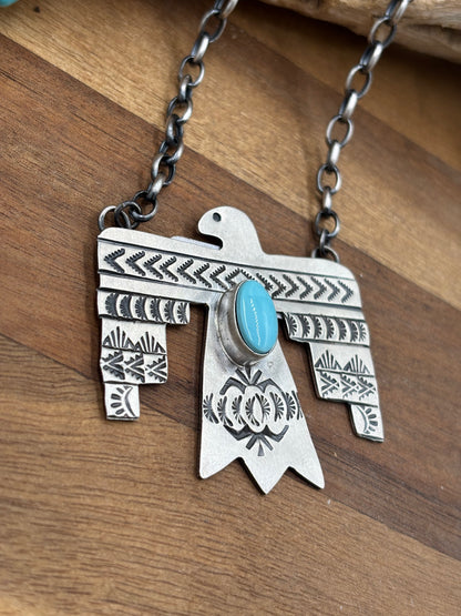 Golden Hills Turquoise Thunderbird Necklace by Rick Enriquez, Navajo