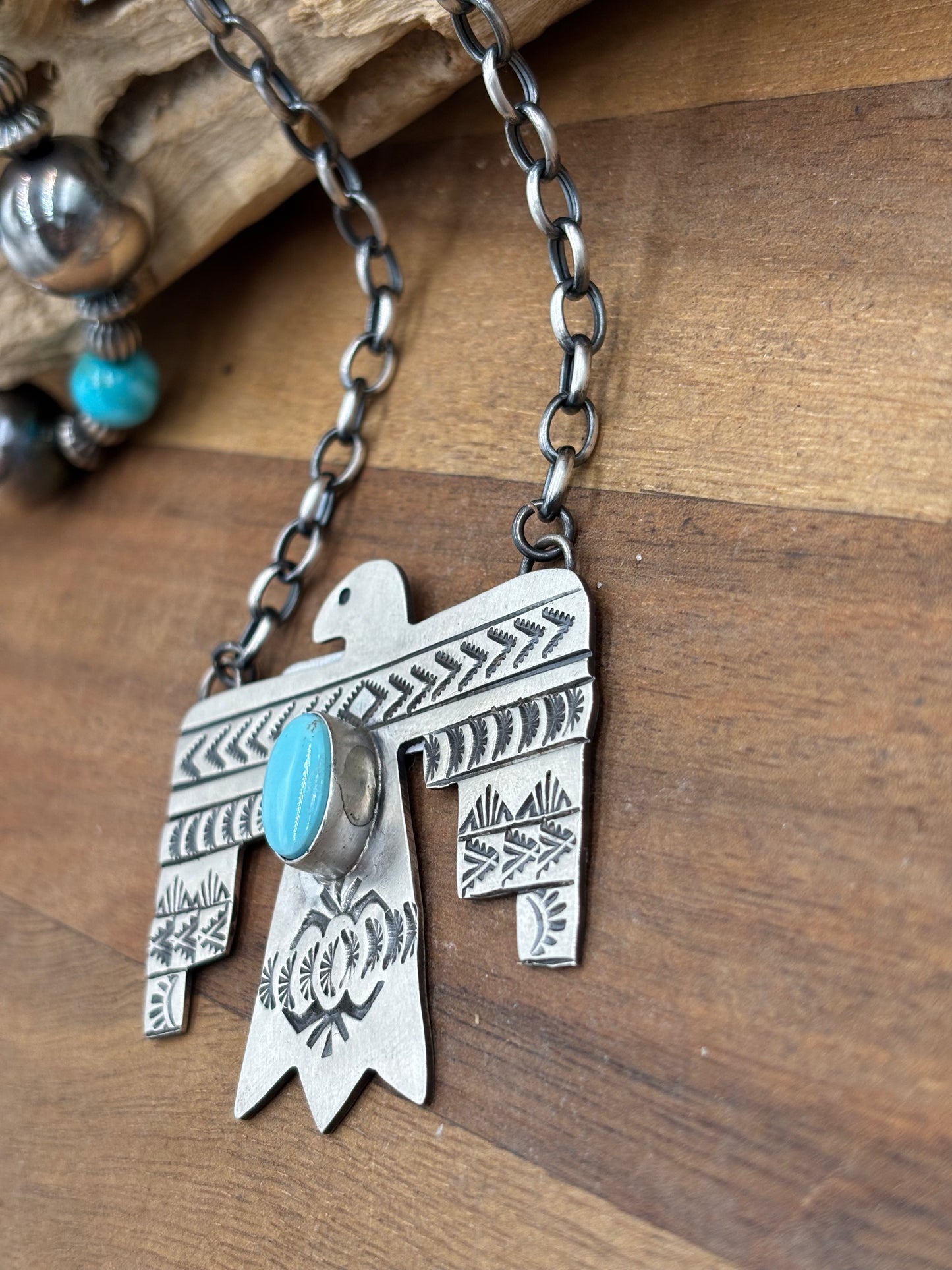 Golden Hills Turquoise Thunderbird Necklace by Rick Enriquez, Navajo