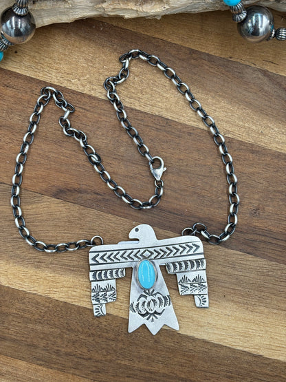Golden Hills Turquoise Thunderbird Necklace by Rick Enriquez, Navajo