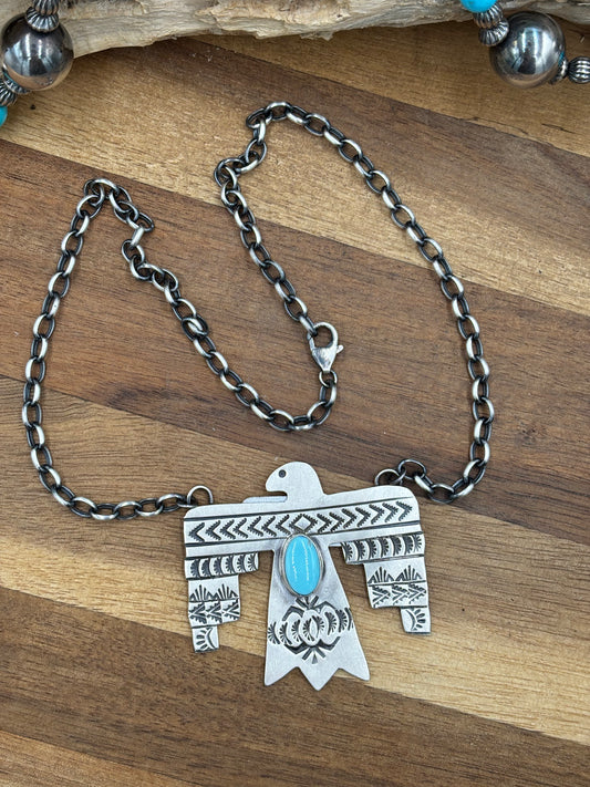 Golden Hills Turquoise Thunderbird Necklace by Rick Enriquez, Navajo
